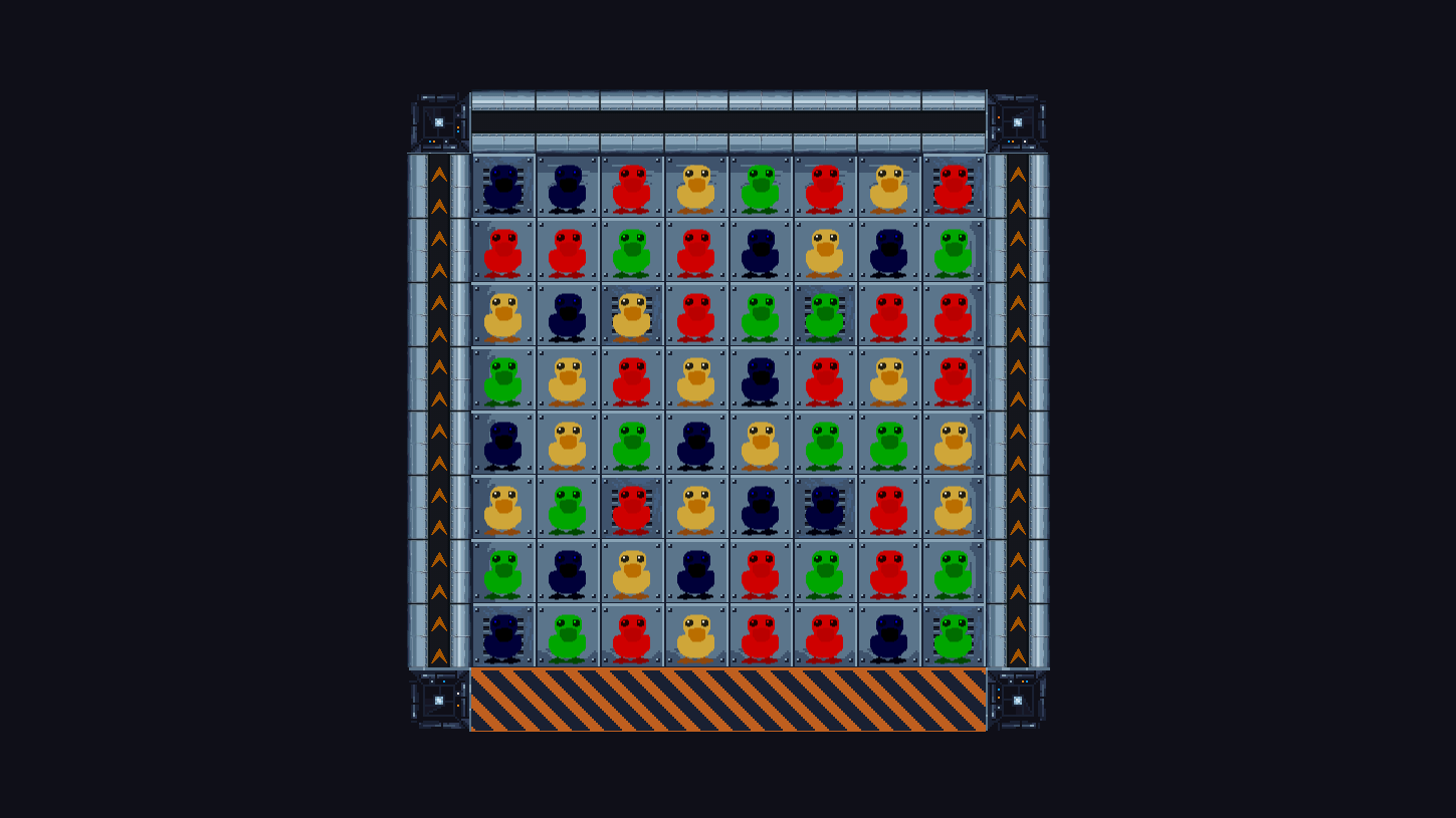 Screenshot of our game Quack. In an 8 by 8 field sit duck like creatures in the colors blue, red, yellow and green